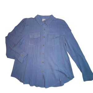 Grace + Karma Blouse Women 1X Button Up Linen Blue Cabincore Boho Collared Shirt
